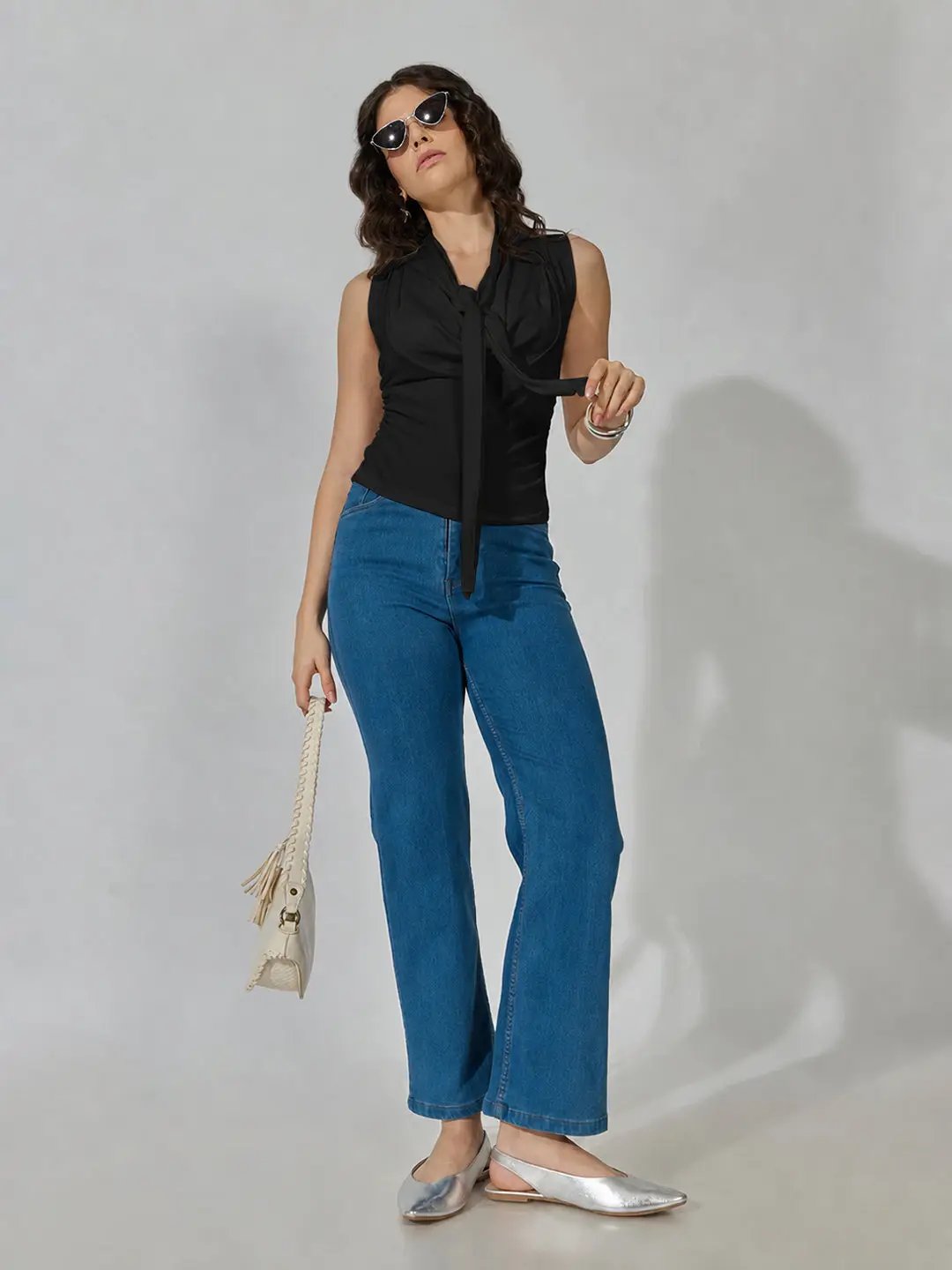 Women's Black Sleeveless Tie Neck Ruched Top - from SHOWOFFFF