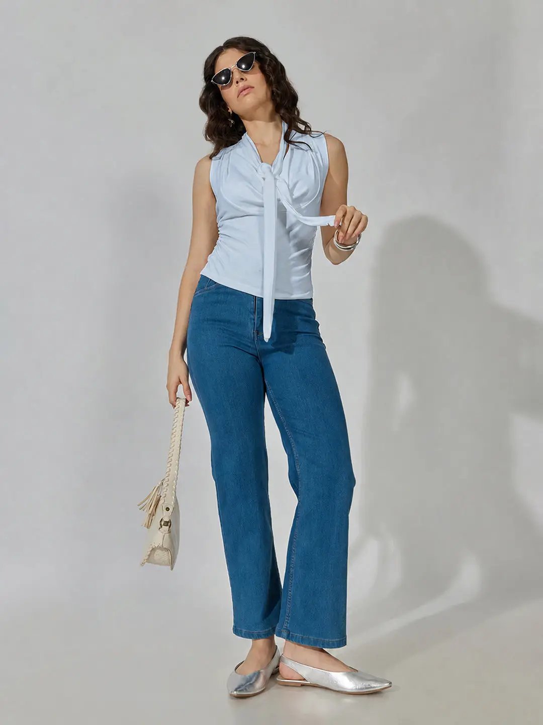 Women's Blue Sleeveless Tie Neck Ruched Top - from SHOWOFFFF
