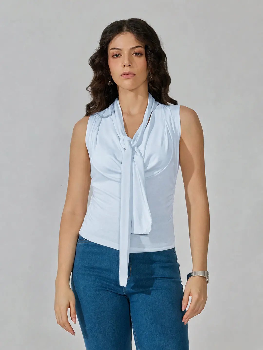 Women's Blue Sleeveless Tie Neck Ruched Top - from SHOWOFFFF