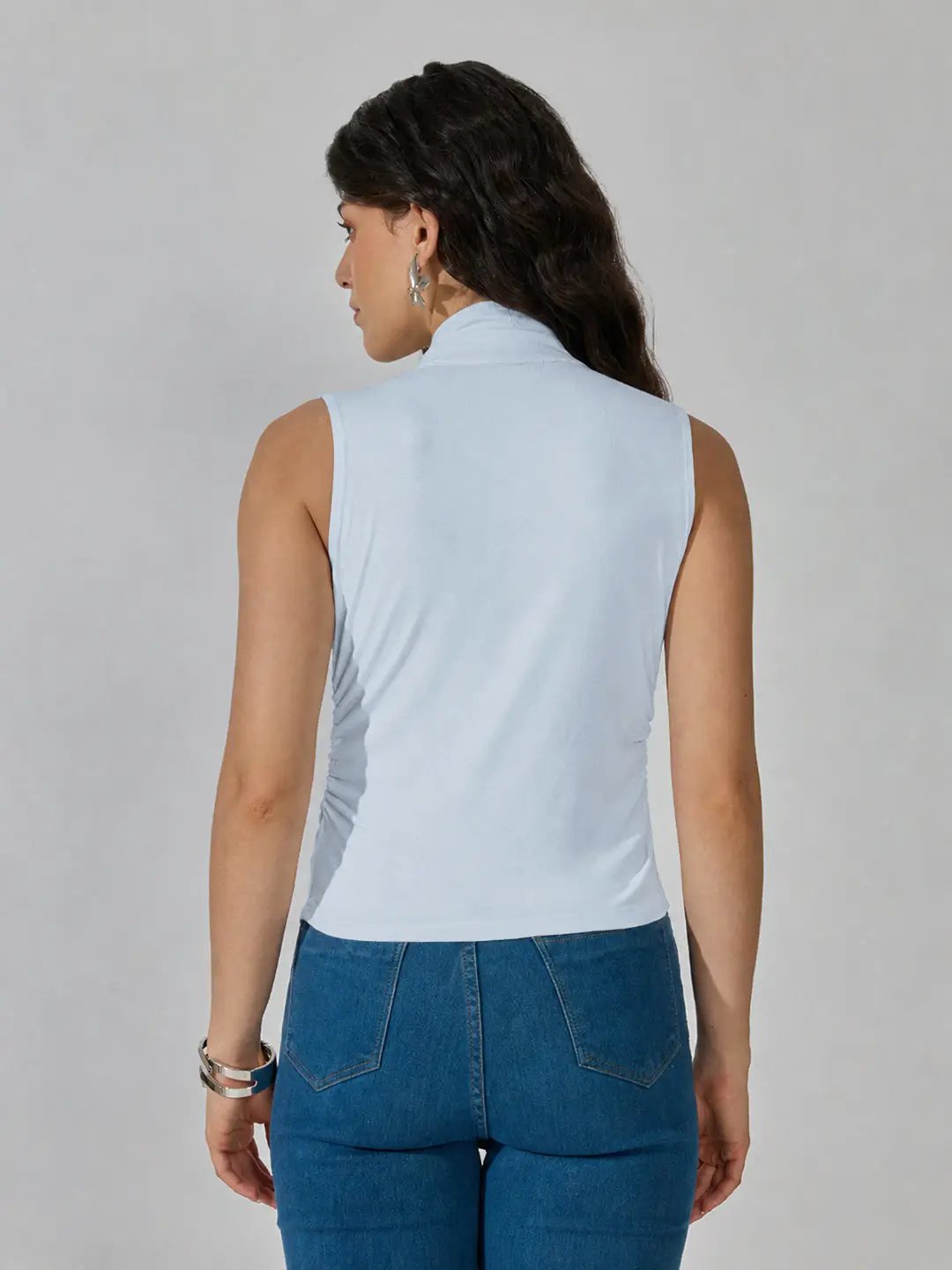 Women's Blue Sleeveless Tie Neck Ruched Top - from SHOWOFFFF