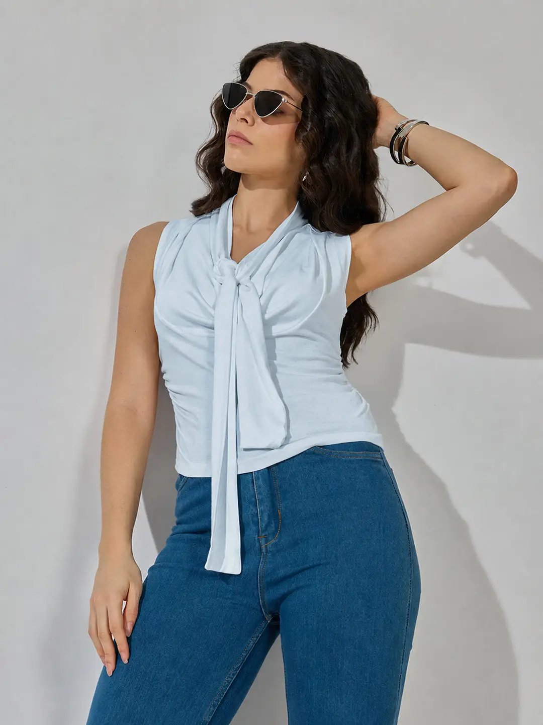 Women's Blue Sleeveless Tie Neck Ruched Top - from SHOWOFFFF