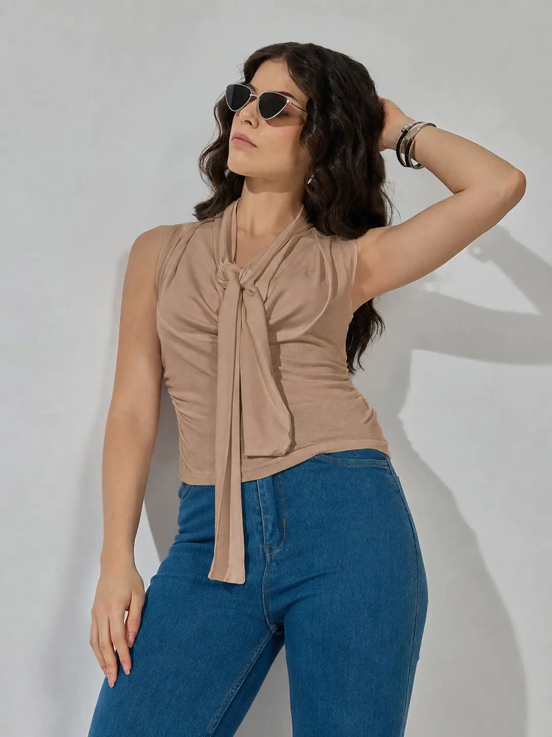 Women's Brown Sleeveless Tie Neck Ruched Top - from SHOWOFFFF
