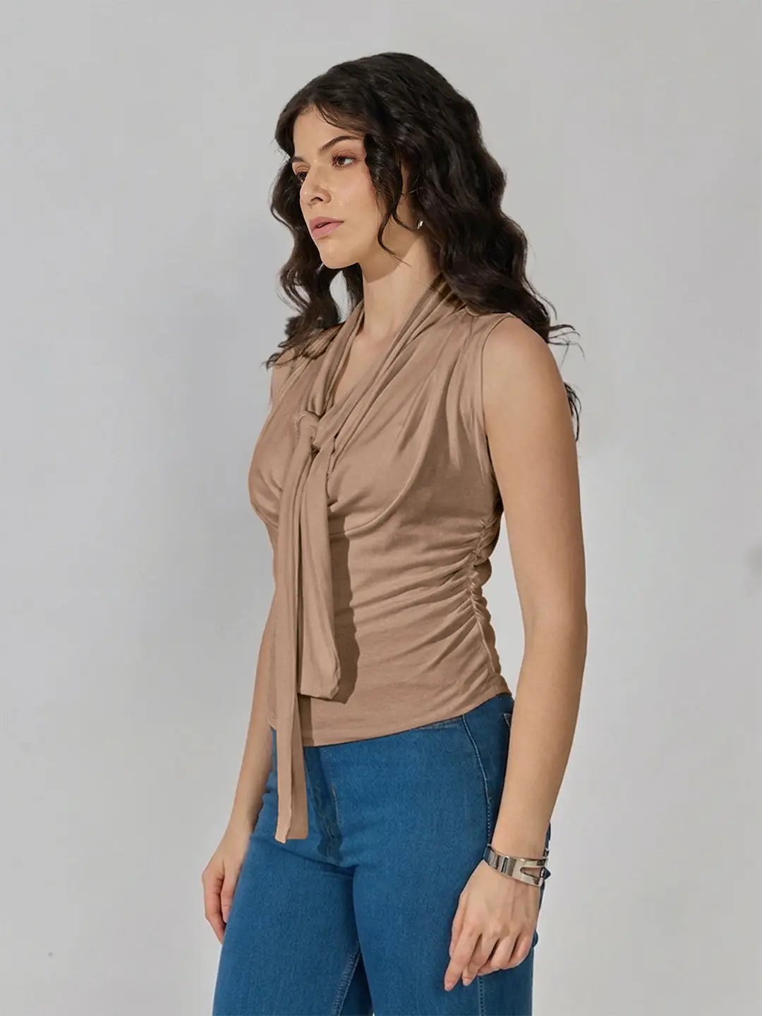 Women's Brown Sleeveless Tie Neck Ruched Top - from SHOWOFFFF