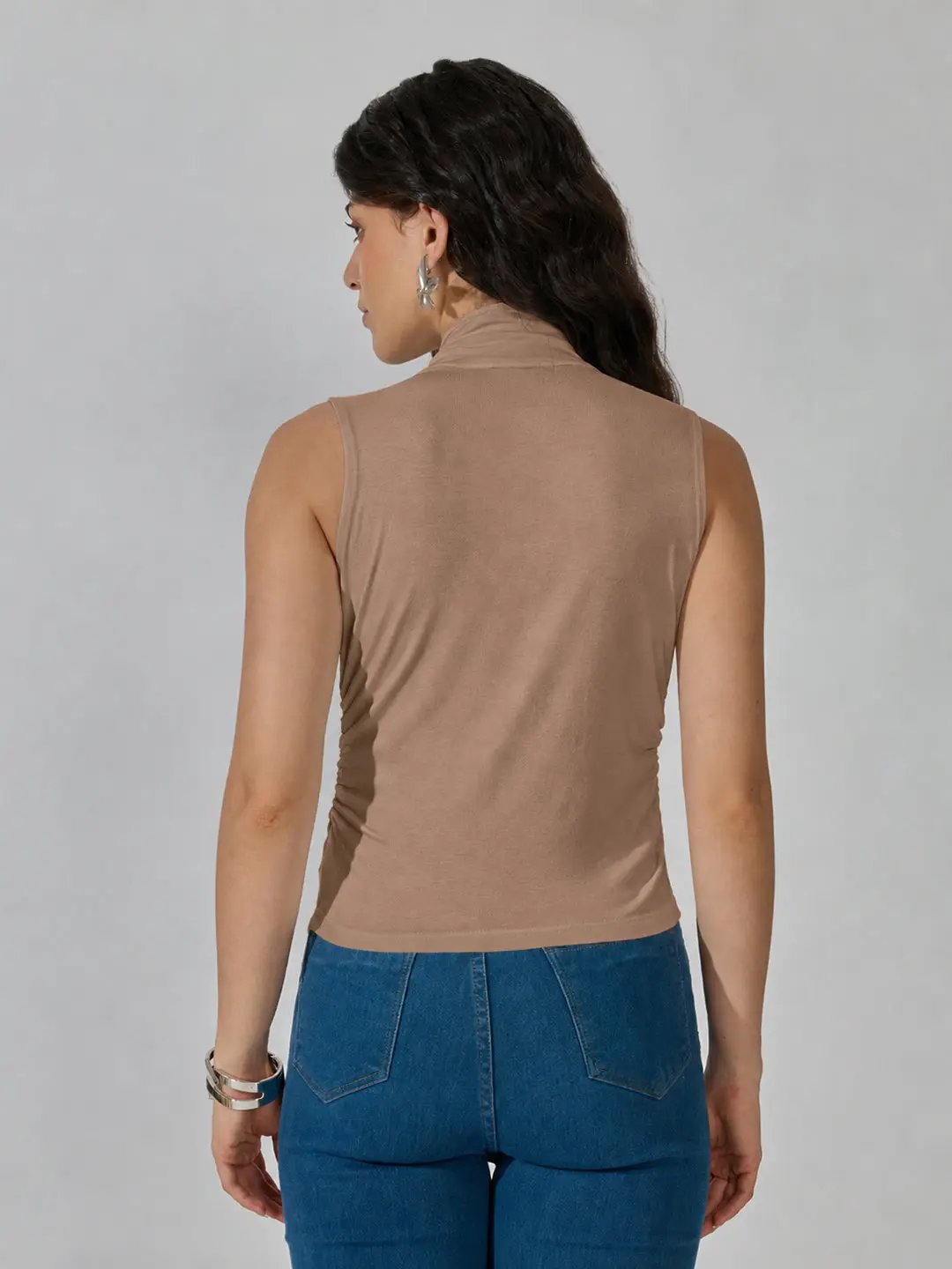 Women's Brown Sleeveless Tie Neck Ruched Top - from SHOWOFFFF