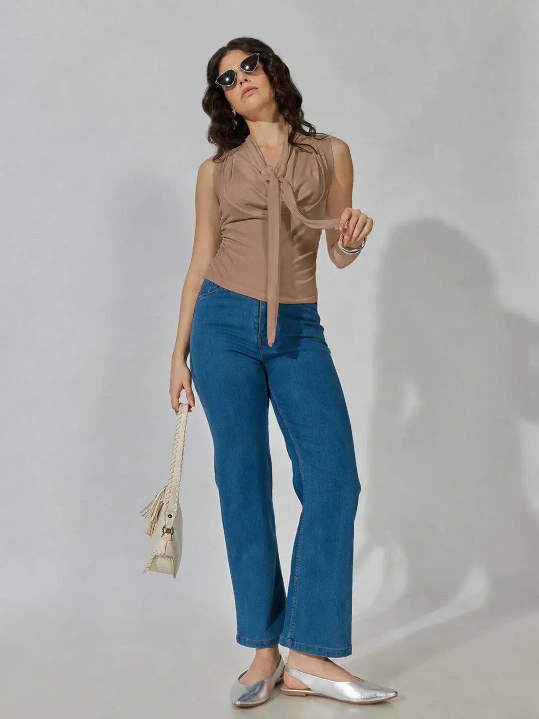 Women's Brown Sleeveless Tie Neck Ruched Top - from SHOWOFFFF