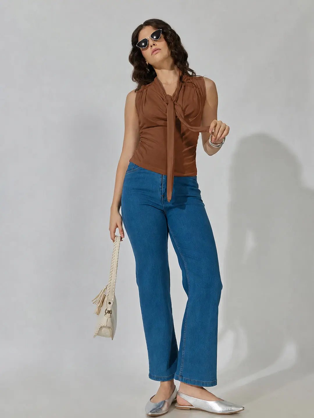 Women's DarkBrown Sleeveless Tie Neck Ruched Top - from SHOWOFFFF