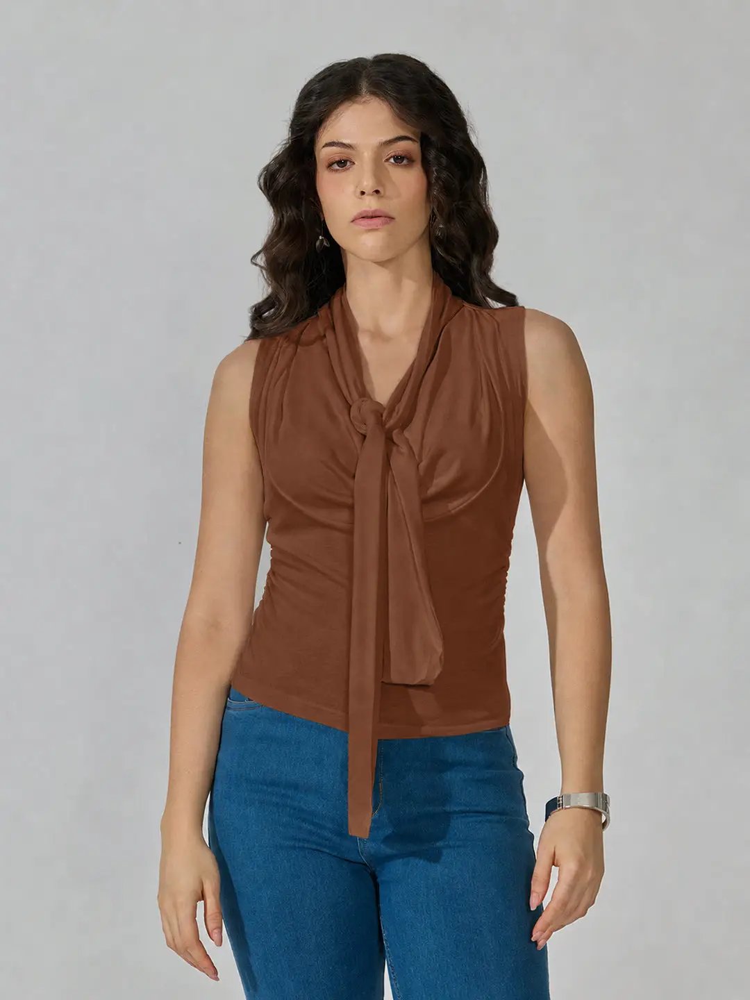 Women's DarkBrown Sleeveless Tie Neck Ruched Top - from SHOWOFFFF