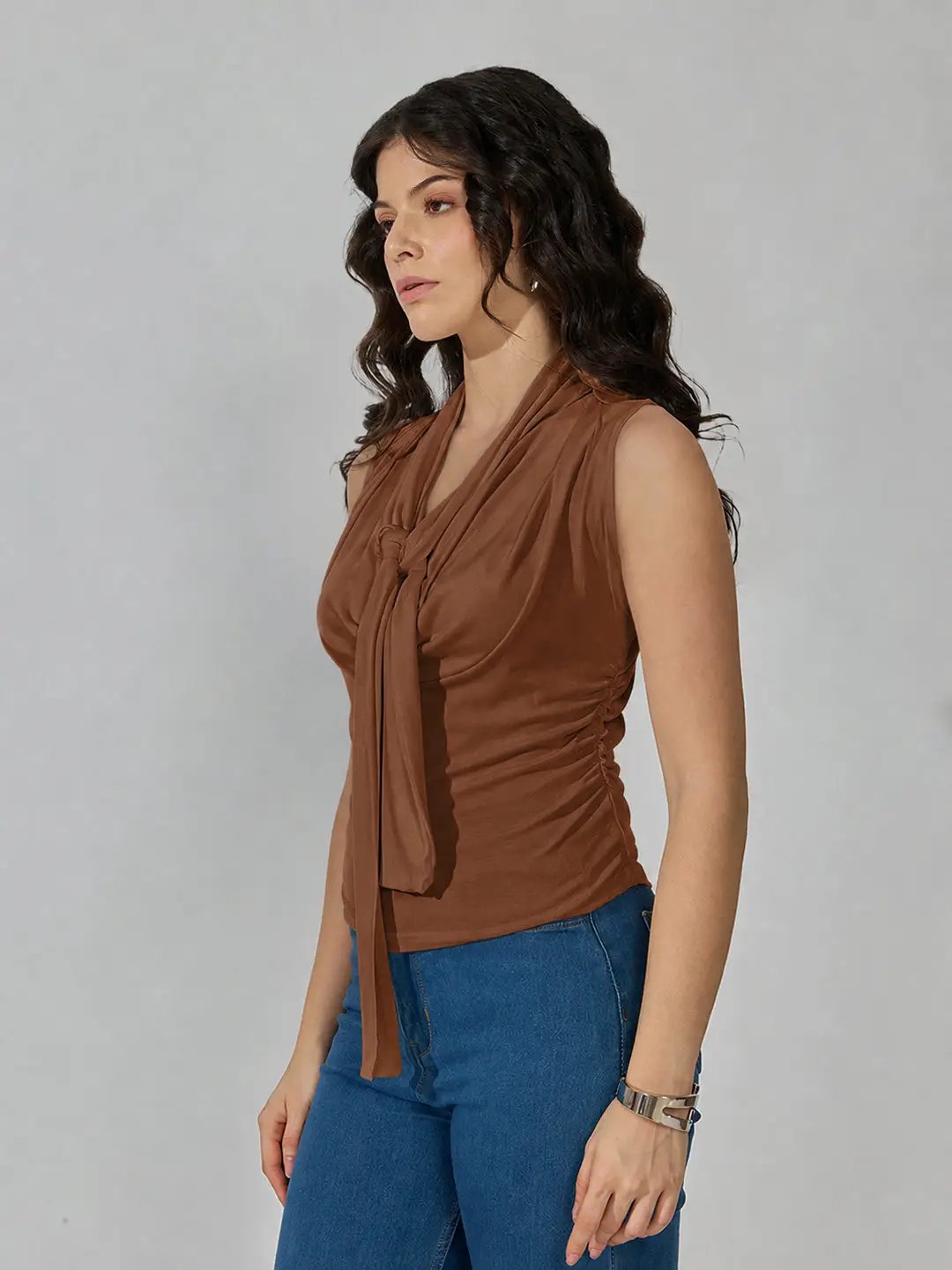 Women's DarkBrown Sleeveless Tie Neck Ruched Top - from SHOWOFFFF