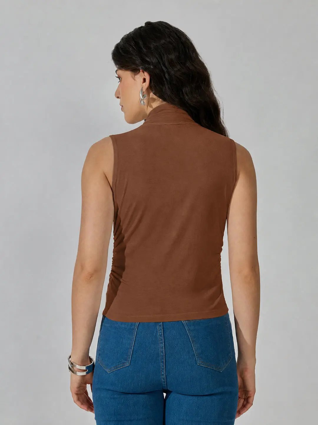 Women's DarkBrown Sleeveless Tie Neck Ruched Top - from SHOWOFFFF