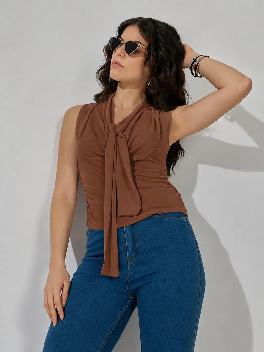 Women's DarkBrown Sleeveless Tie Neck Ruched Top - from SHOWOFFFF