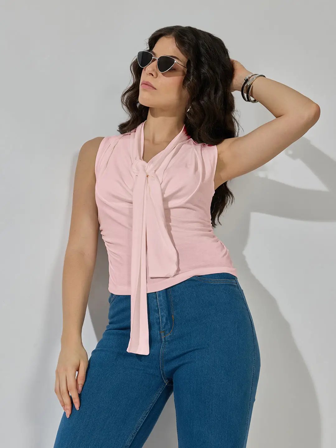 Women's Pink Sleeveless Tie Neck Ruched Top - from SHOWOFFFF