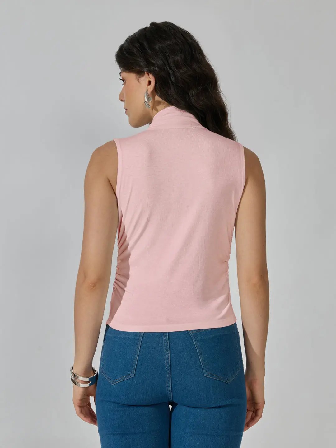 Women's Pink Sleeveless Tie Neck Ruched Top - from SHOWOFFFF