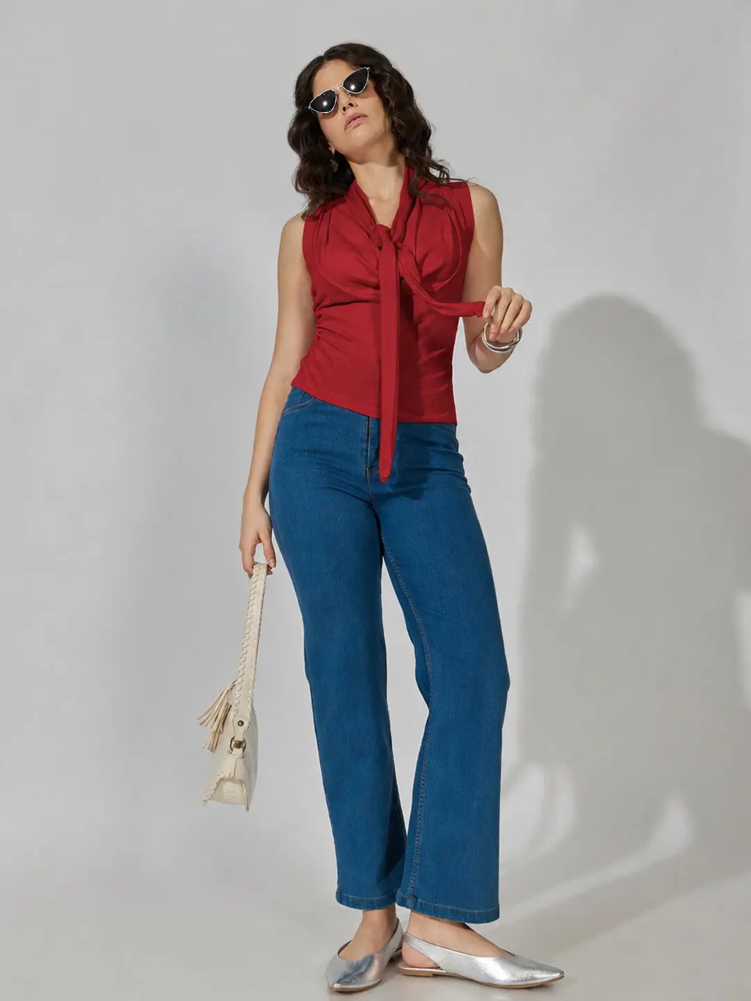 Women's Red Sleeveless Tie Neck Ruched Top - from SHOWOFFFF