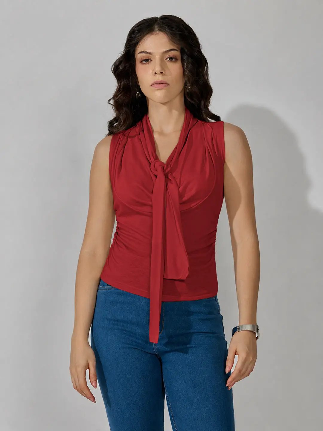 Women's Red Sleeveless Tie Neck Ruched Top - from SHOWOFFFF