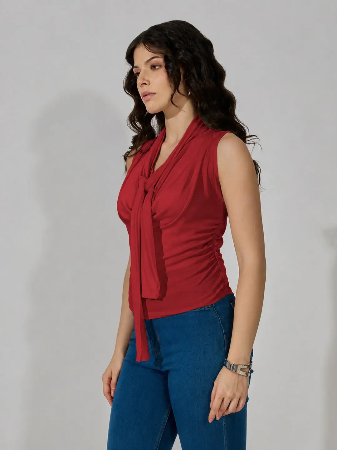 Women's Red Sleeveless Tie Neck Ruched Top - from SHOWOFFFF