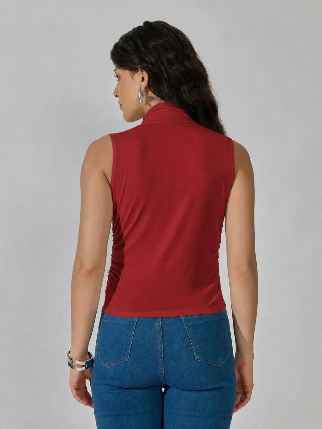 Women's Red Sleeveless Tie Neck Ruched Top - from SHOWOFFFF