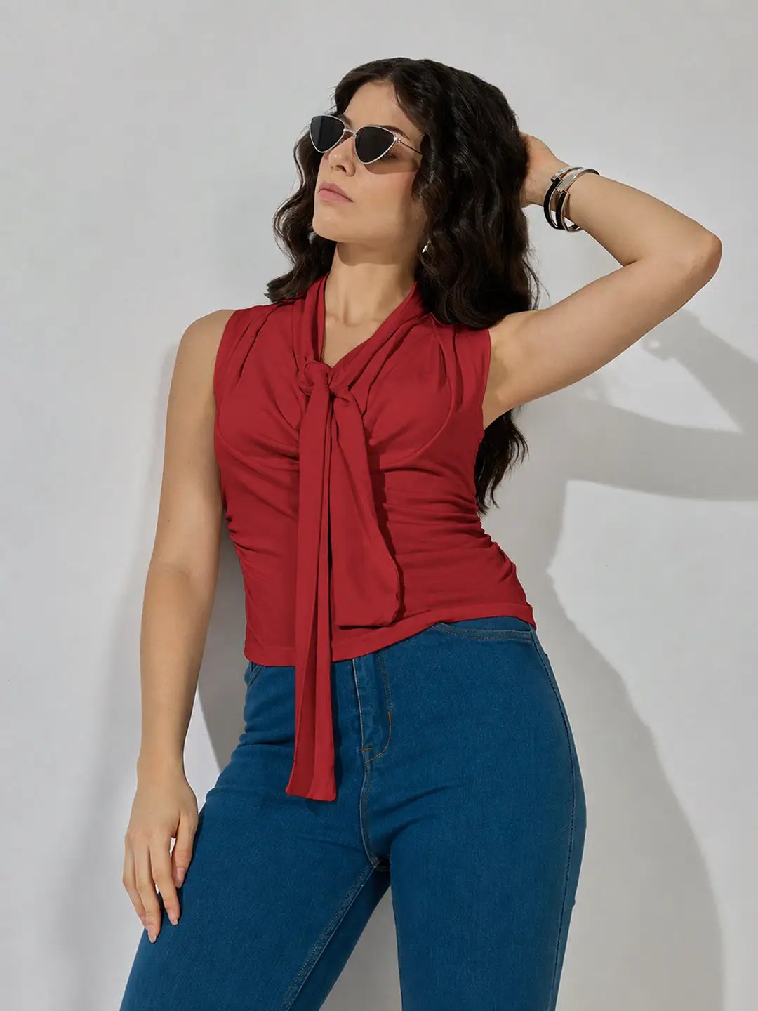 Women's Red Sleeveless Tie Neck Ruched Top - from SHOWOFFFF