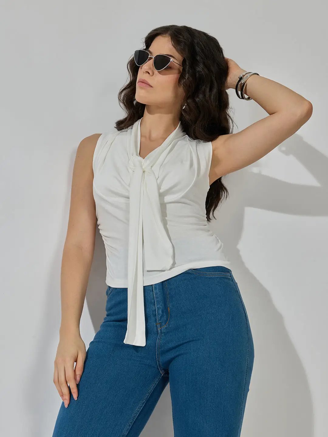 Women's White Sleeveless Tie Neck Ruched Top