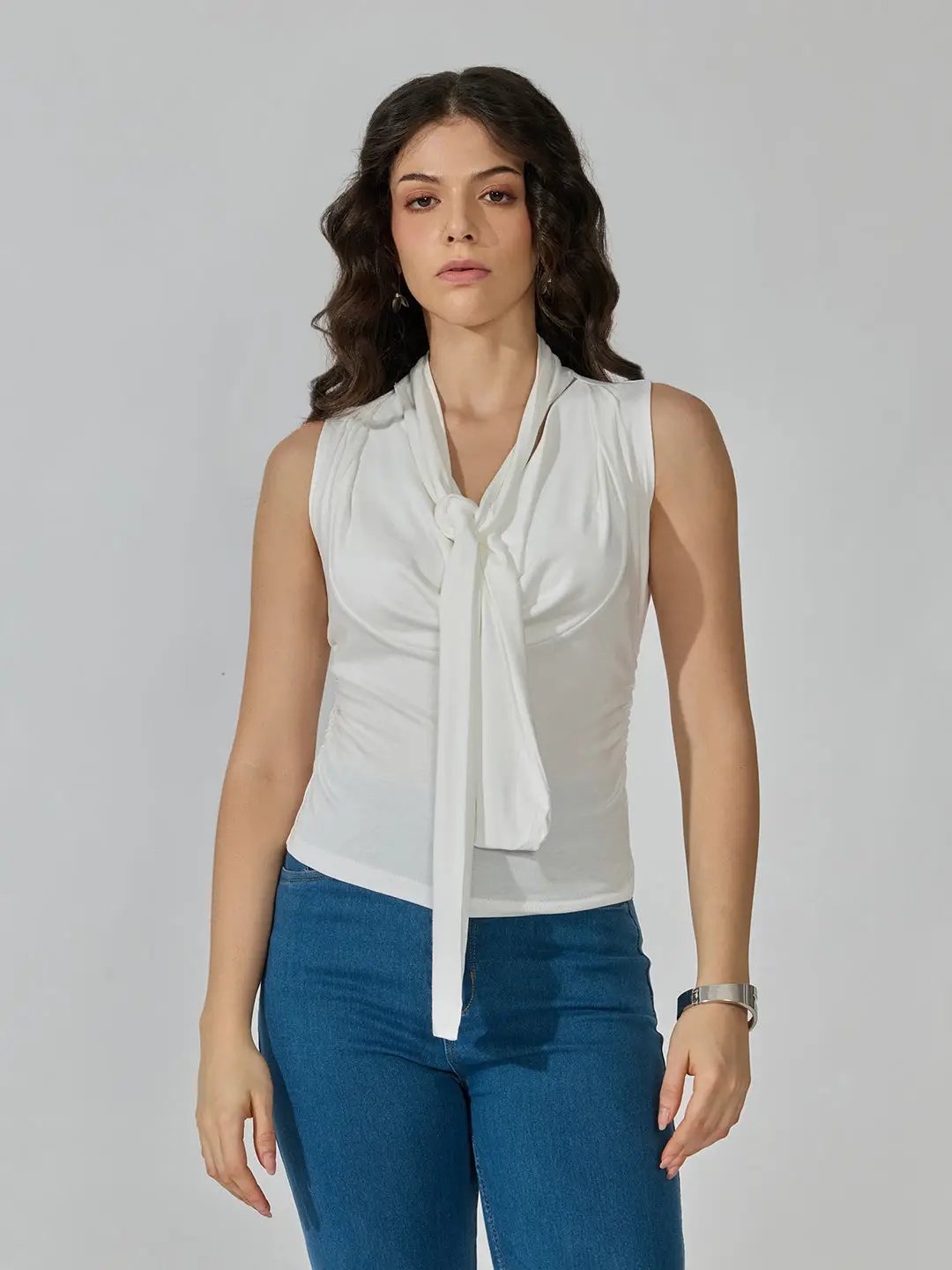 Women's White Sleeveless Tie Neck Ruched Top