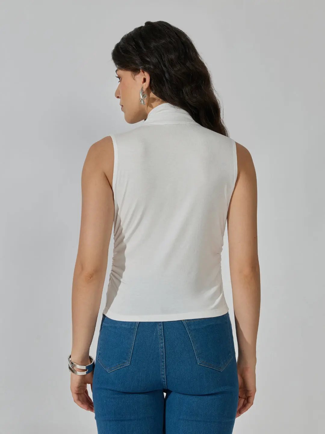 Women's White Sleeveless Tie Neck Ruched Top