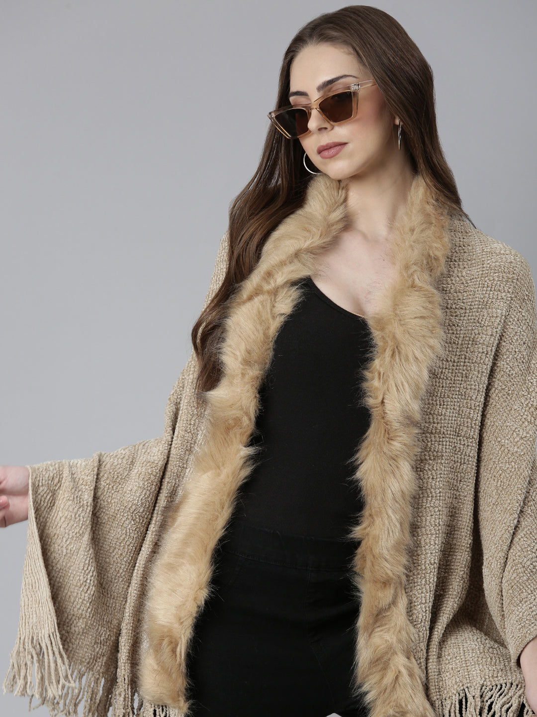 Women's Khaki Self Design Poncho