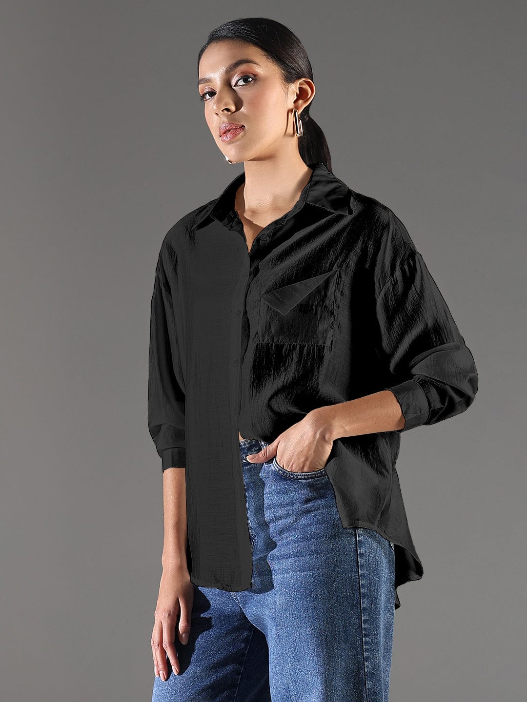 Women's Textured Black Relaxed Fit Shirt
