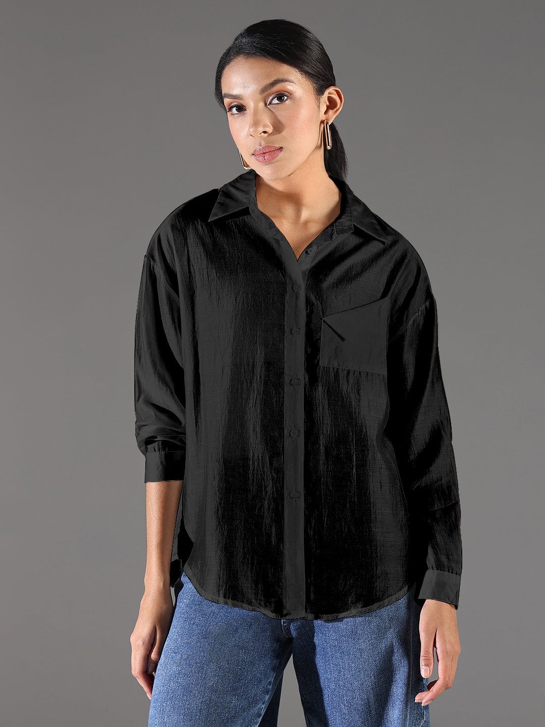 Women's Textured Black Relaxed Fit Shirt