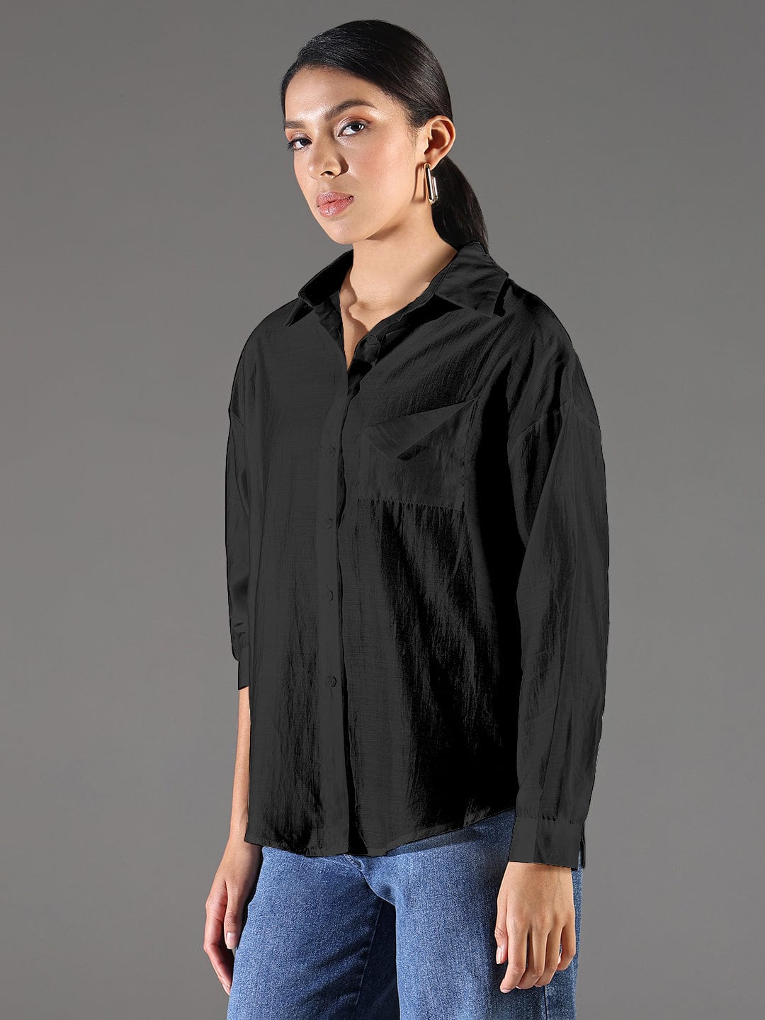 Women's Textured Black Relaxed Fit Shirt