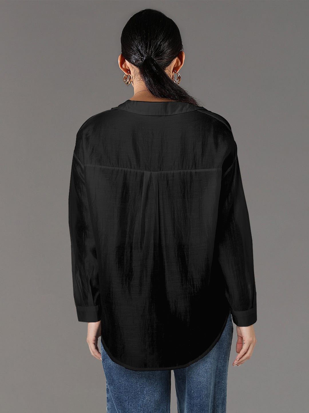 Women's Textured Black Relaxed Fit Shirt