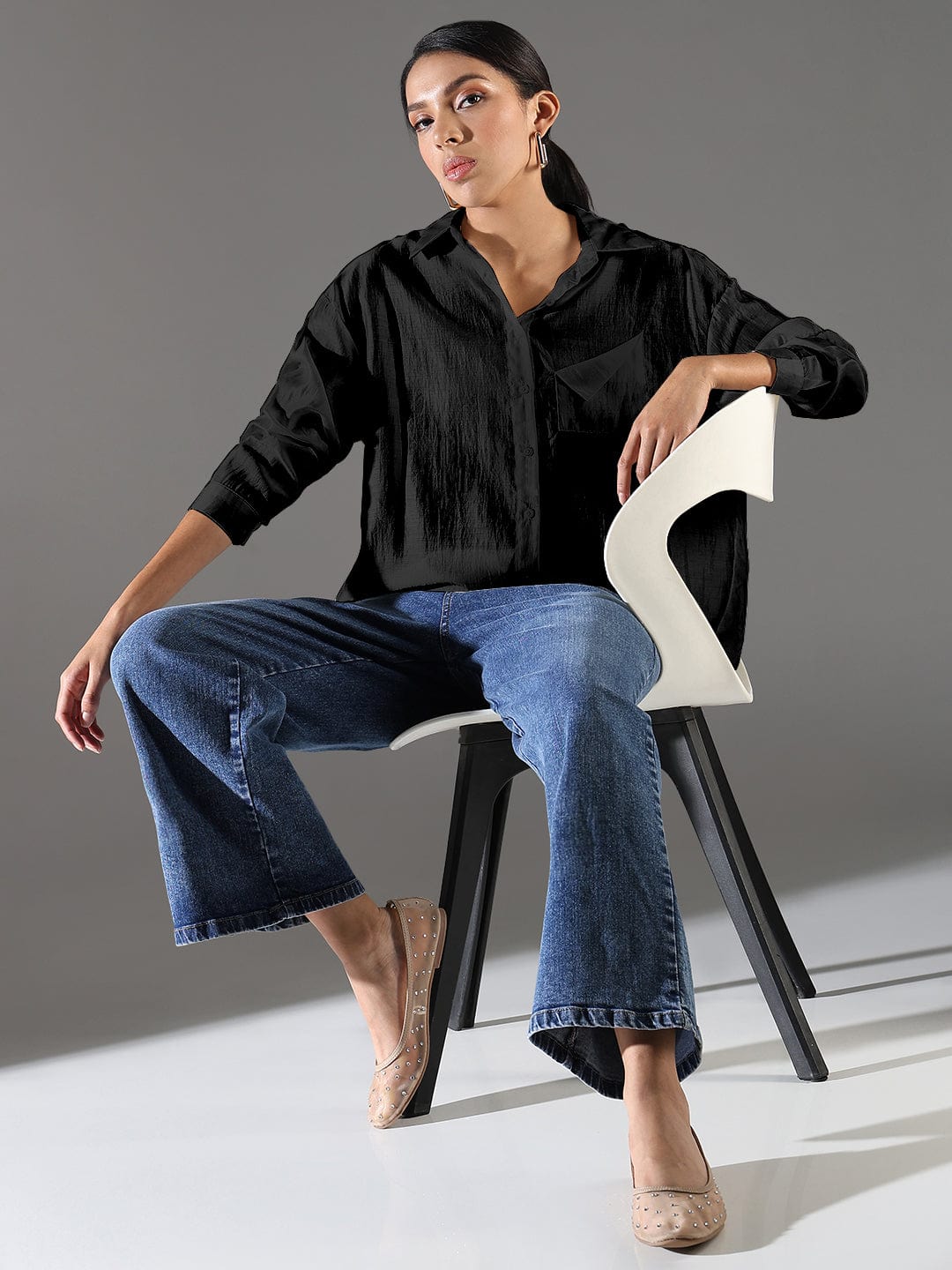 Women's Textured Black Relaxed Fit Shirt