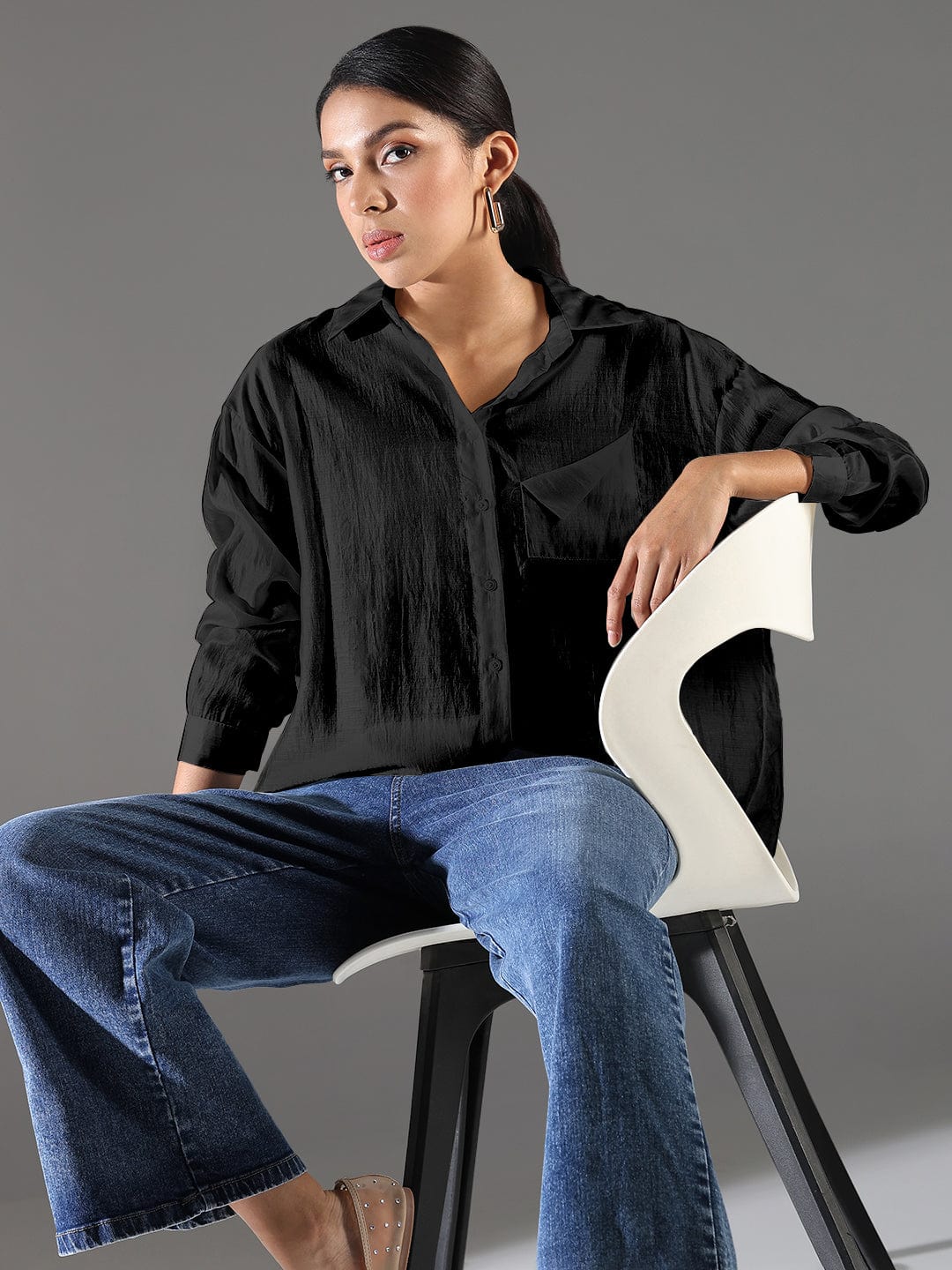 Women's Textured Black Relaxed Fit Shirt