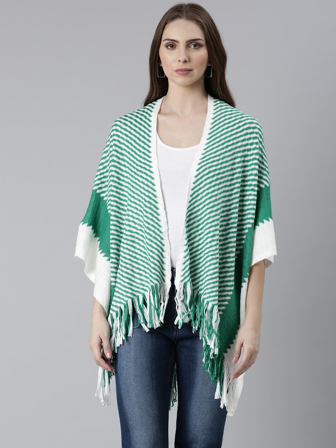 Women Green Striped Poncho