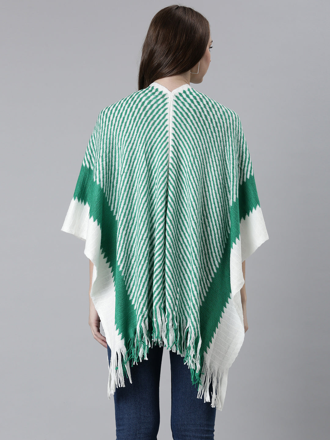 Women Green Striped Poncho