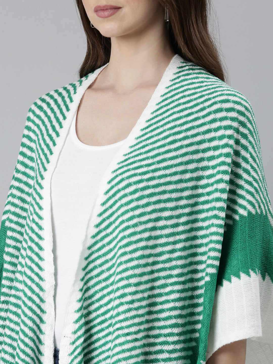 Women Green Striped Poncho