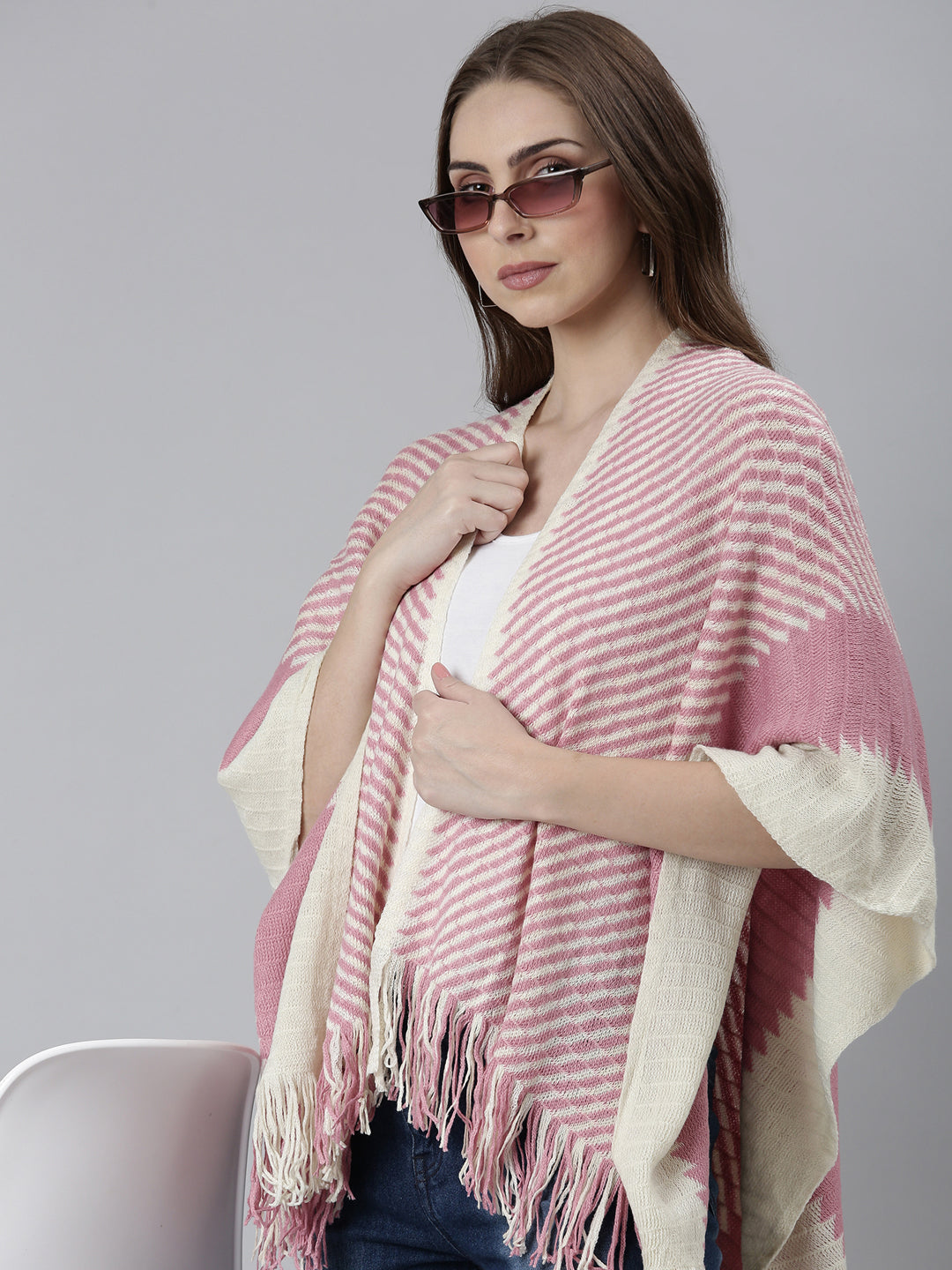 Women's Pink Striped Open Front Poncho