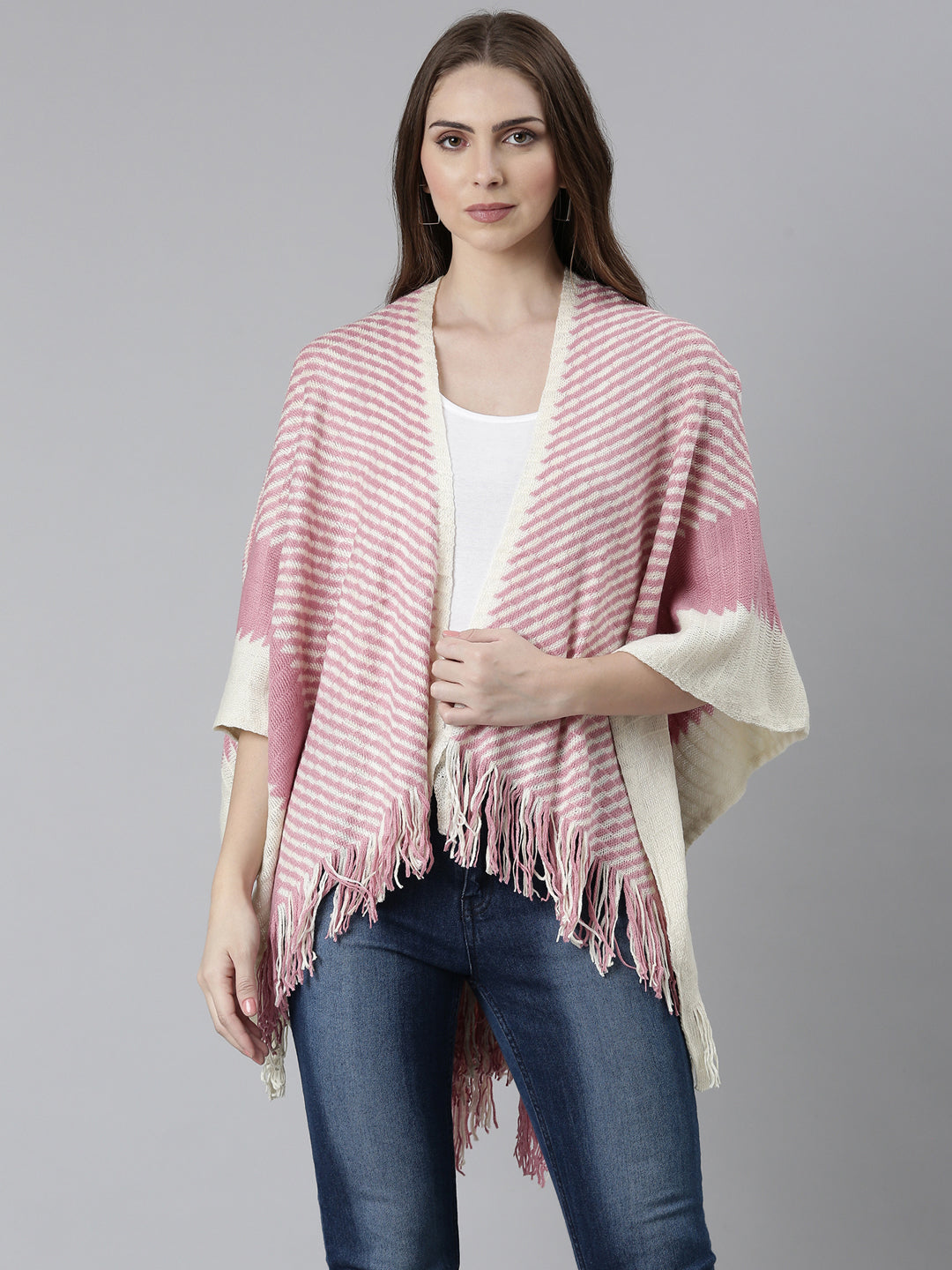 Women's Pink Striped Open Front Poncho
