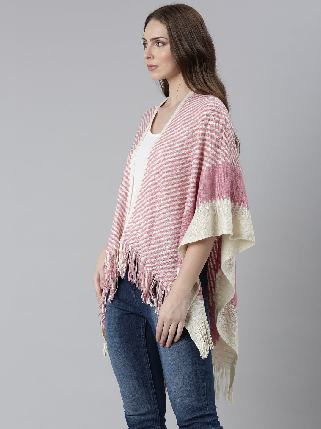 Women's Pink Striped Open Front Poncho