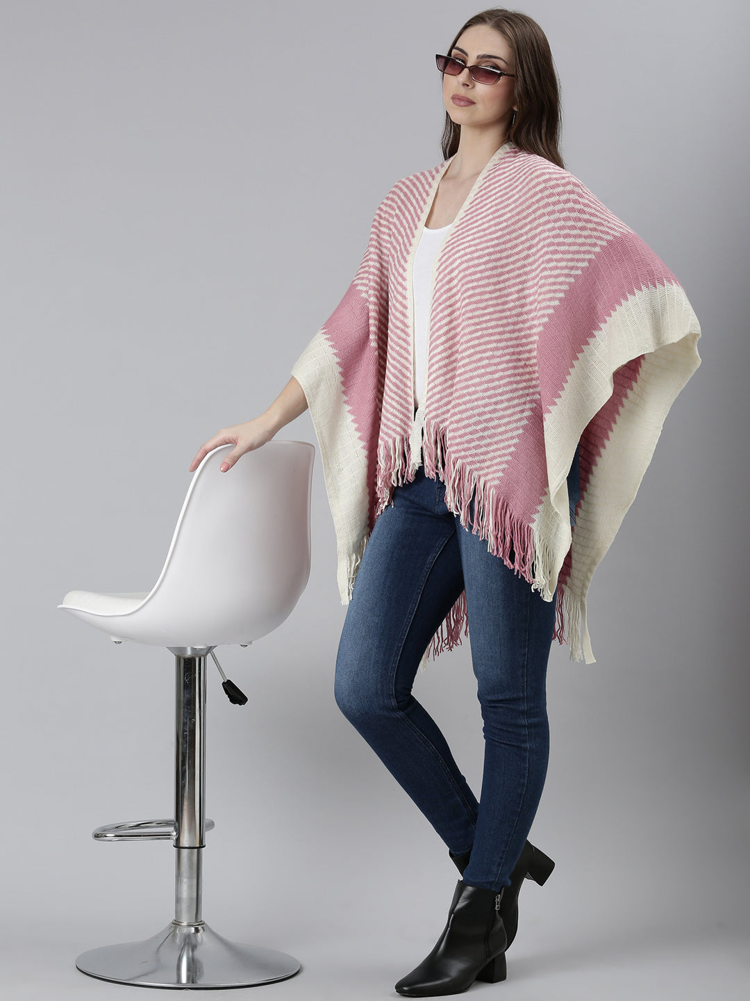 Women's Pink Striped Open Front Poncho