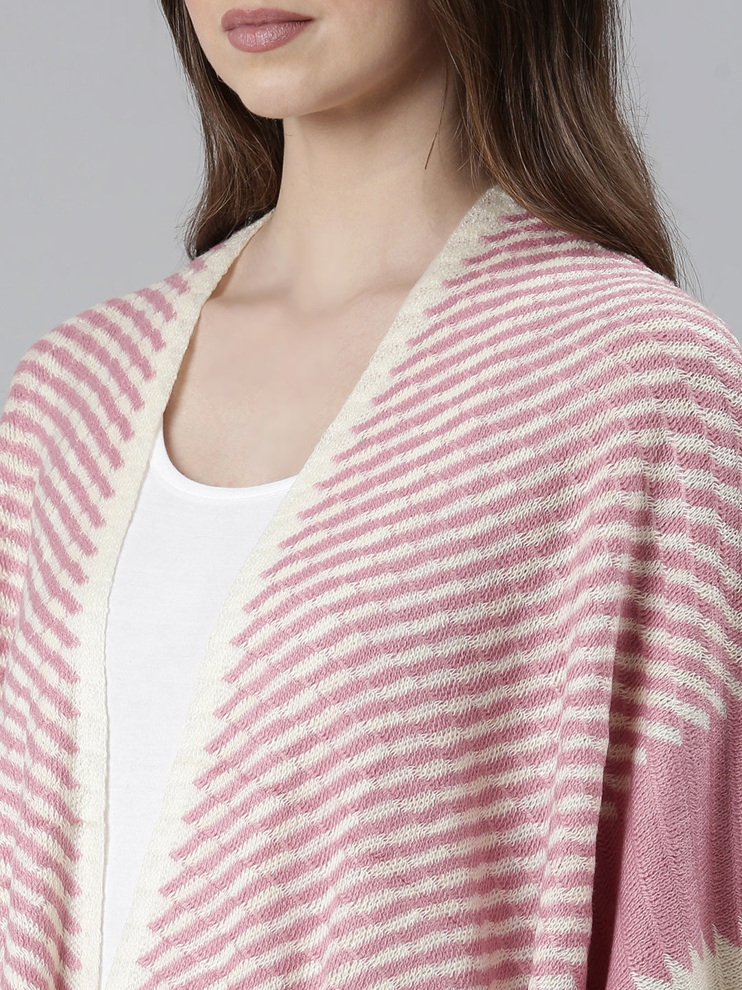 Women's Pink Striped Open Front Poncho