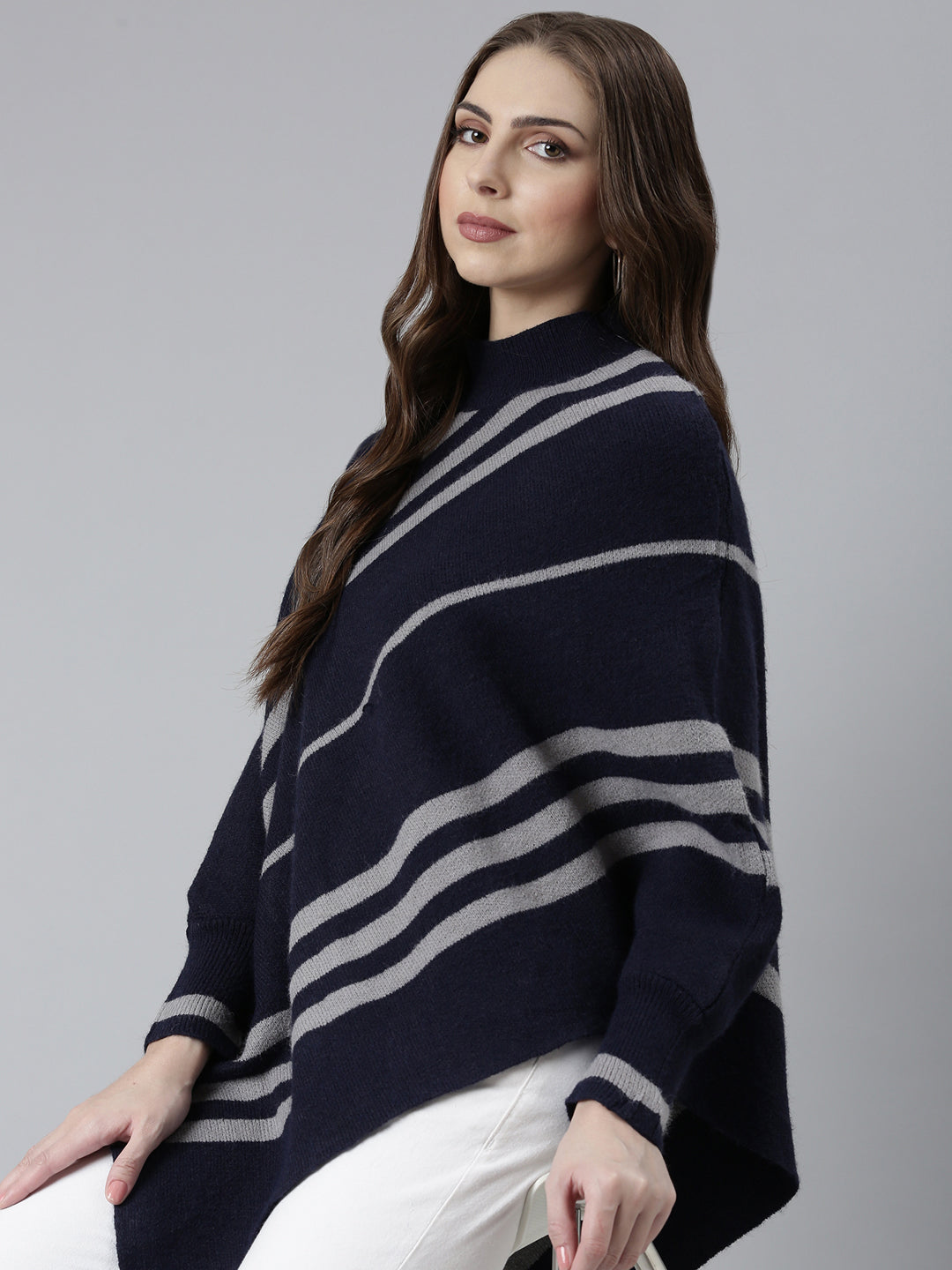Women's Navy Blue Striped Poncho