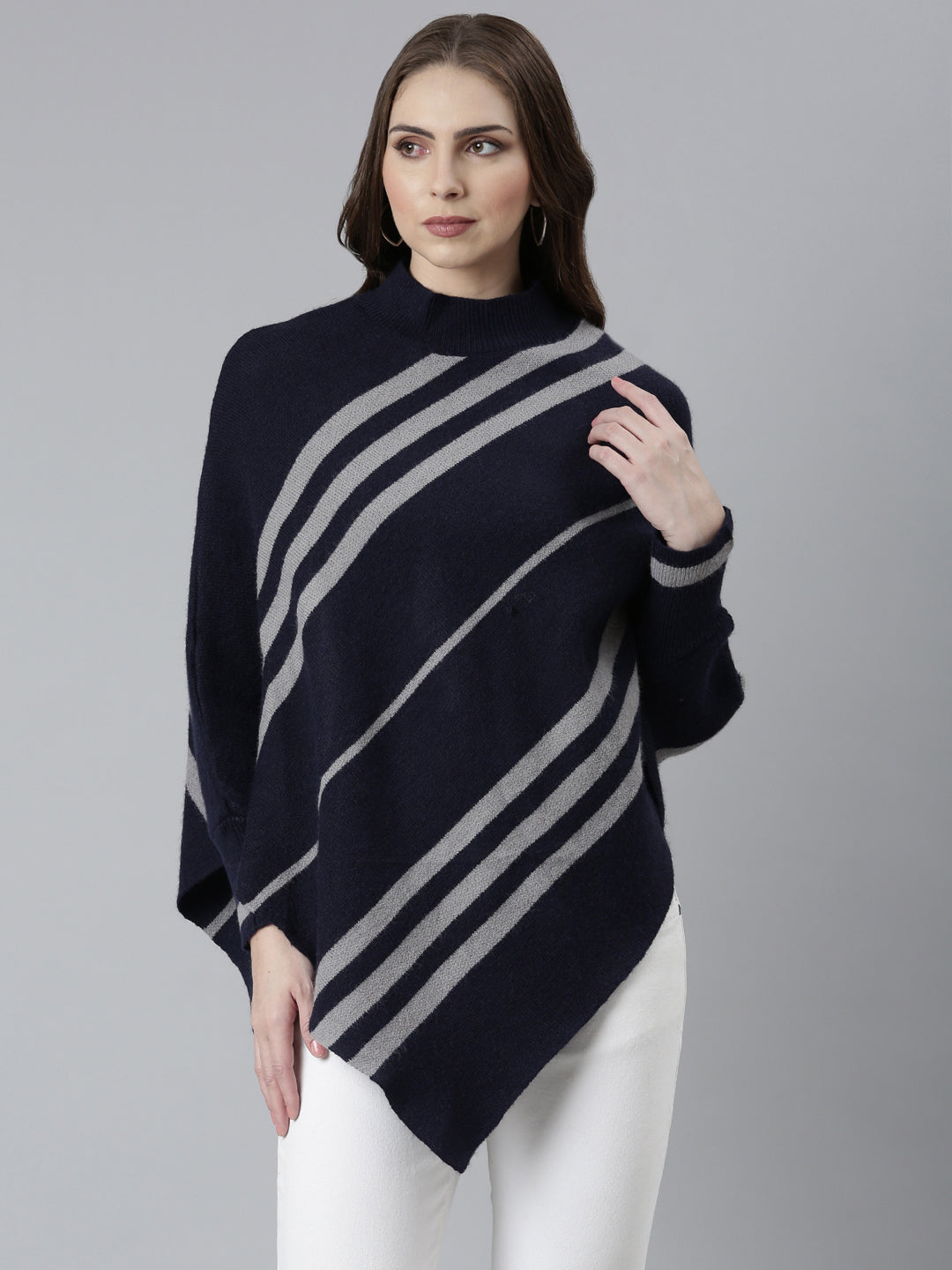 Women's Navy Blue Striped Poncho