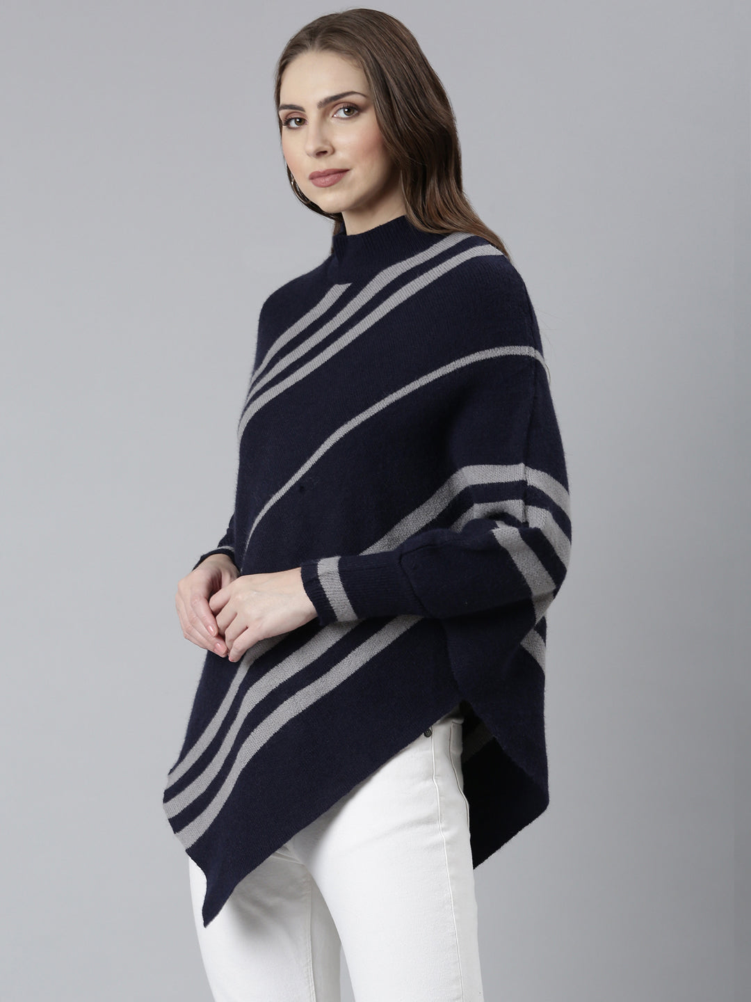 Women's Navy Blue Striped Poncho