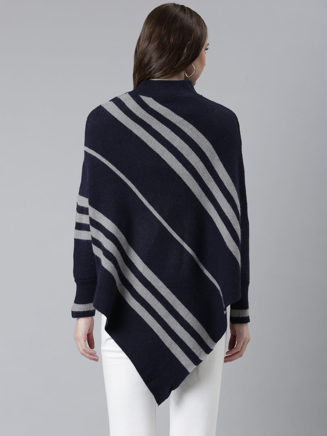 Women's Navy Blue Striped Poncho