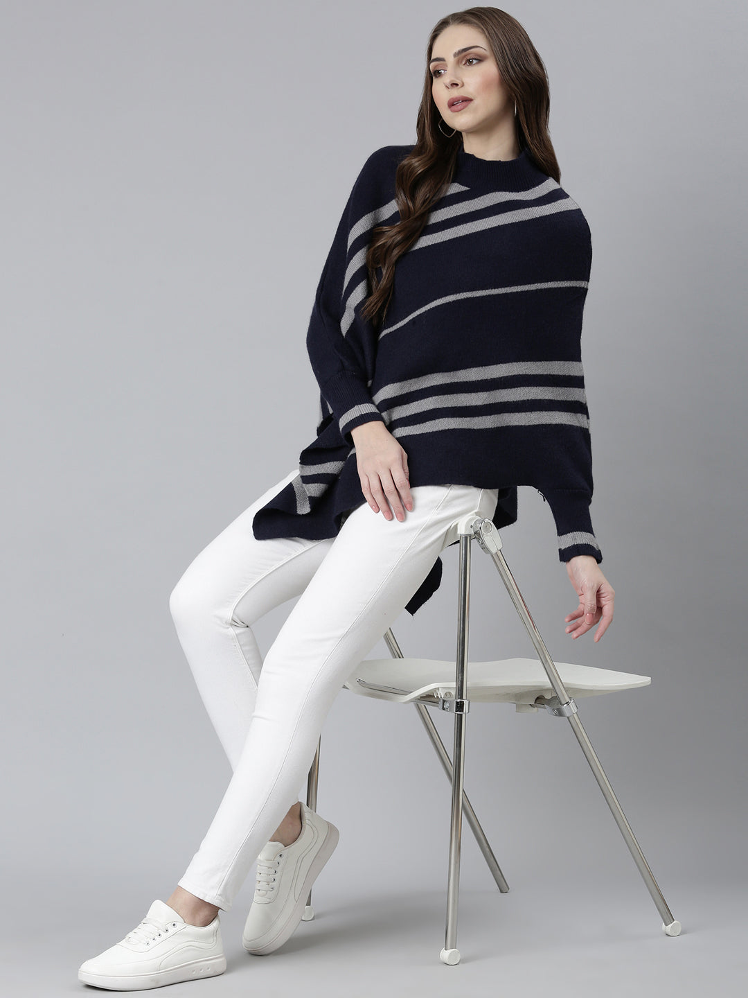 Women's Navy Blue Striped Poncho