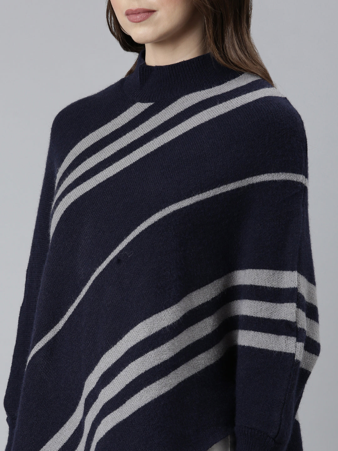 Women's Navy Blue Striped Poncho