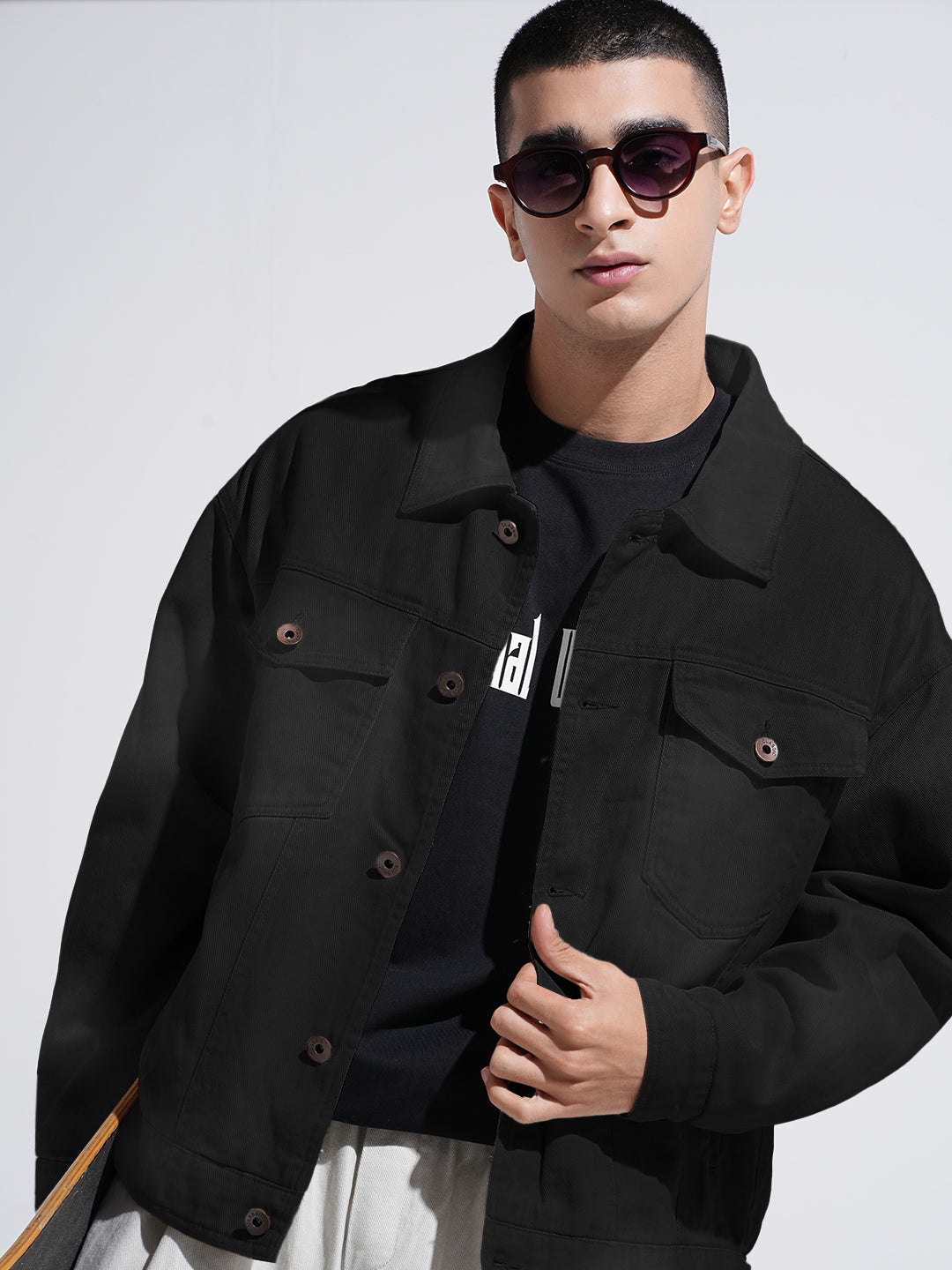 Men's Grey Washed Effect Denim Button Down Jacket