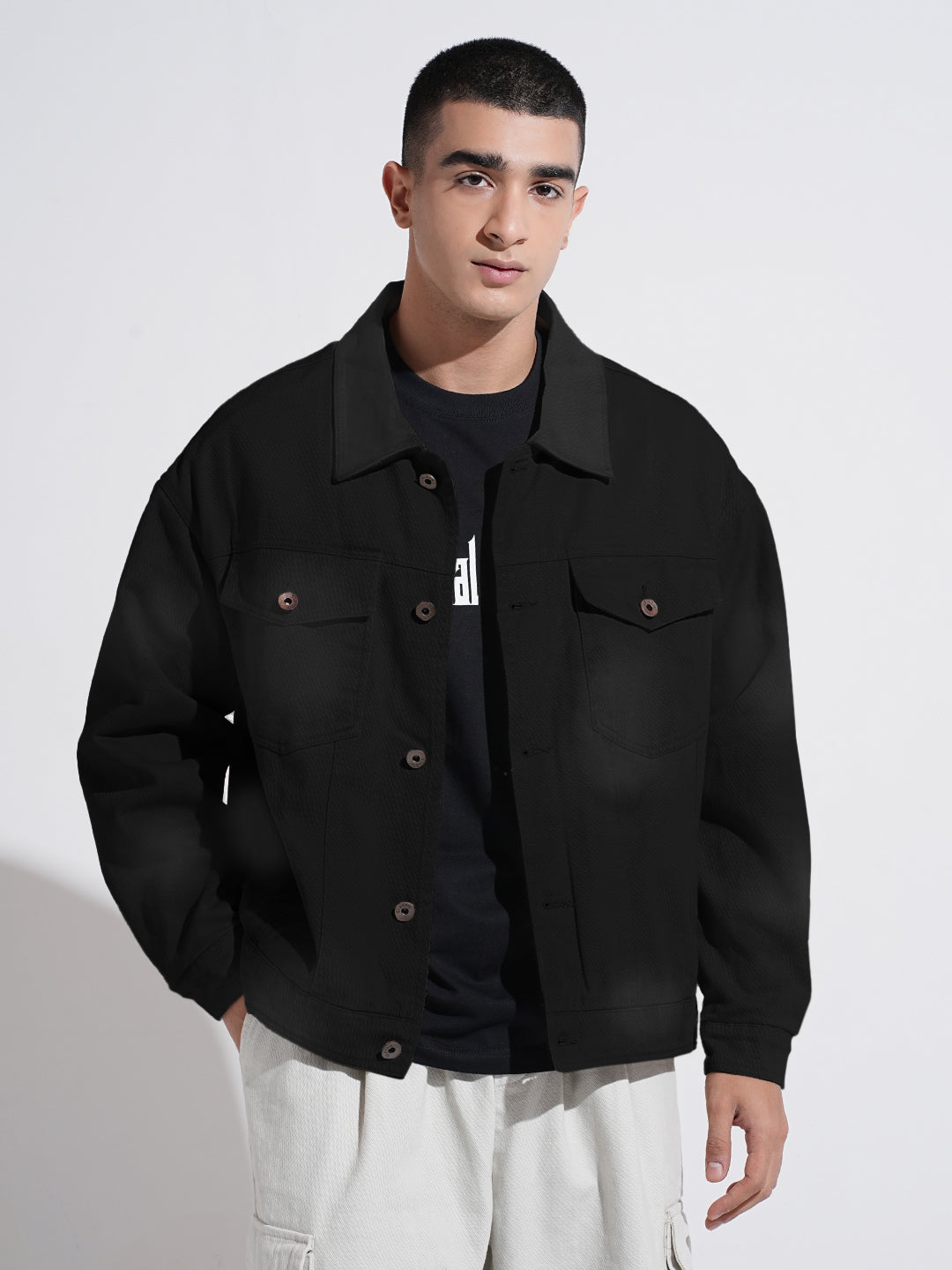 Men's Grey Washed Effect Denim Button Down Jacket