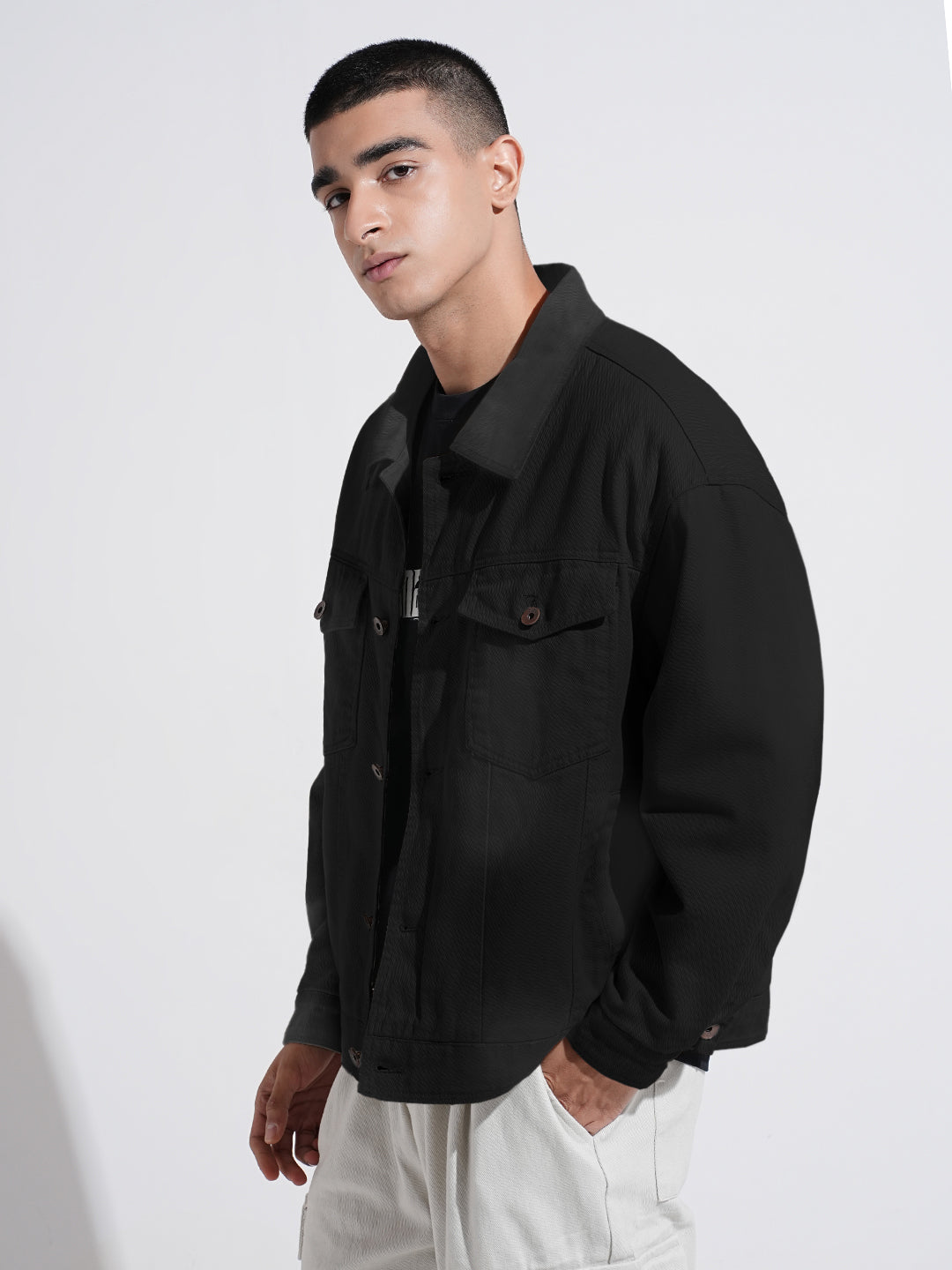 Men's Grey Washed Effect Denim Button Down Jacket