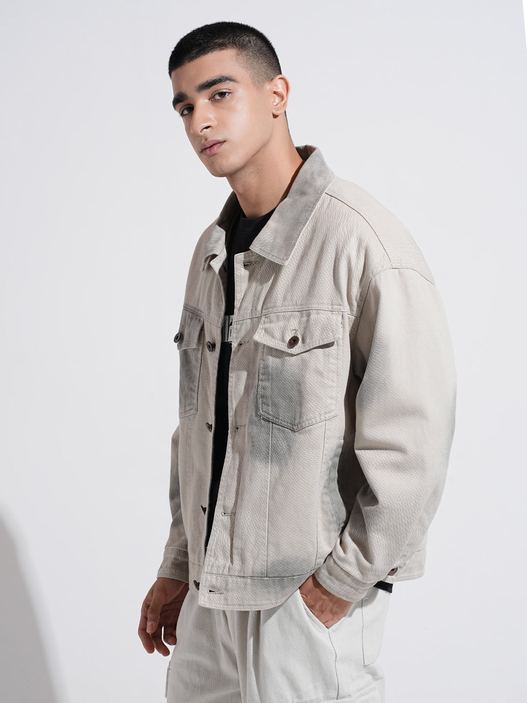 Men's Grey Washed Effect Denim Button Down Jacket