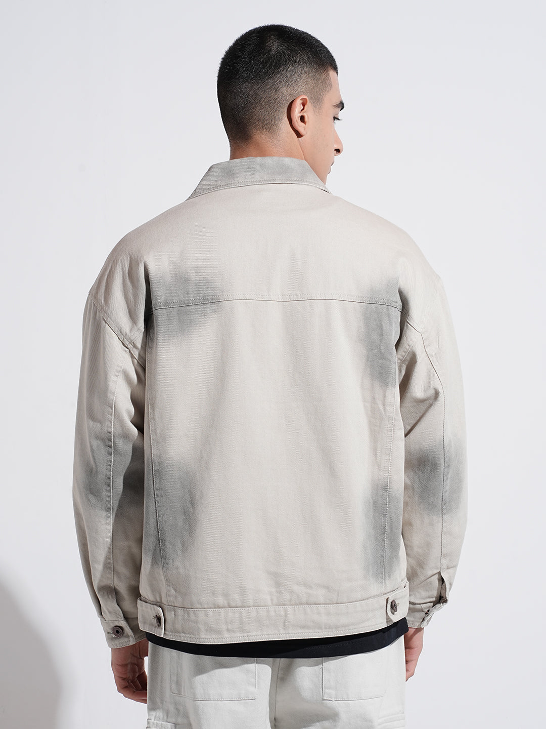 Men's Grey Washed Effect Denim Button Down Jacket